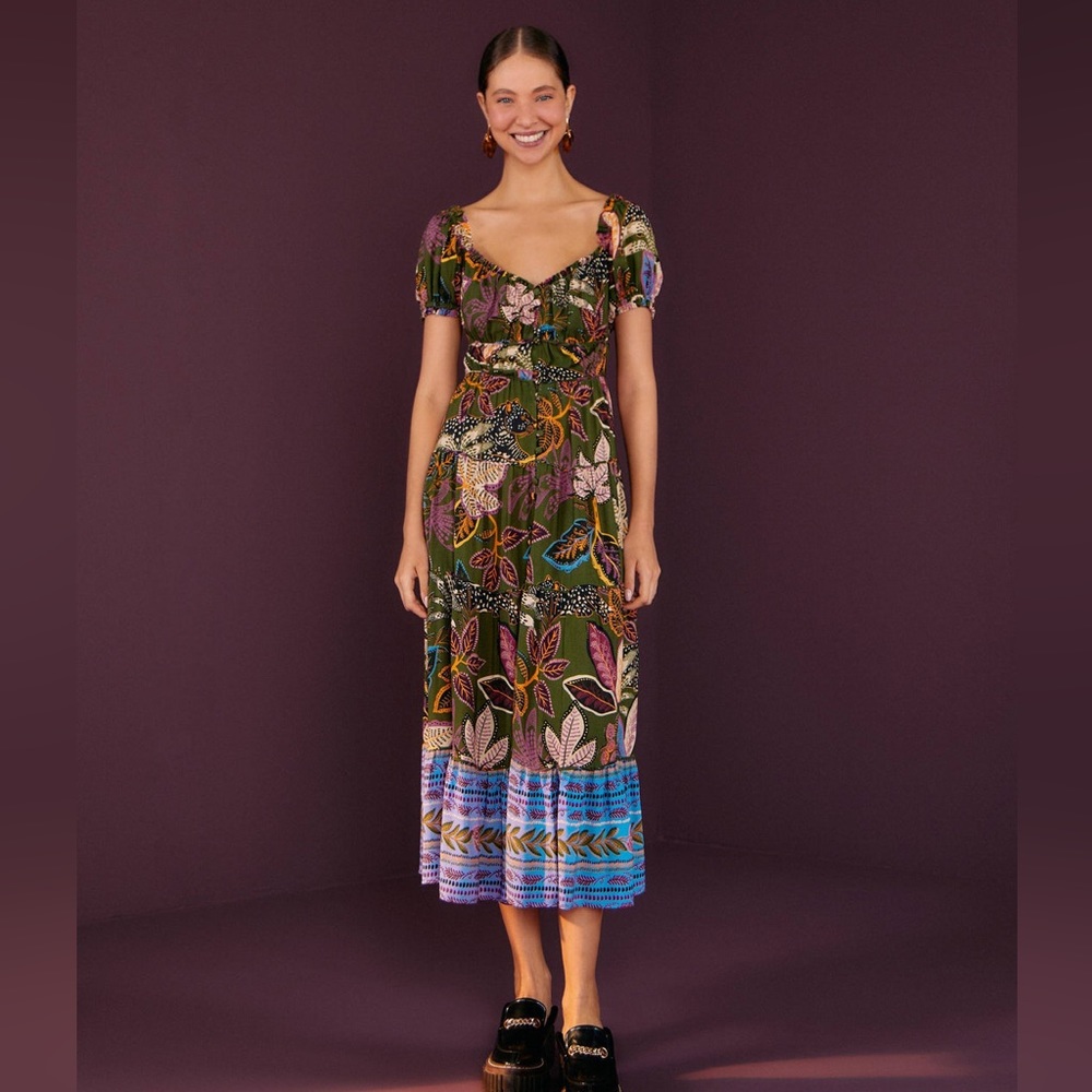 Farm Rio Green Wild Jungle Corset Midi Dress. Size XL. EUC!